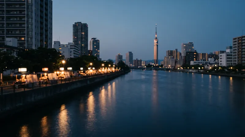 福岡の川沿いの夜景