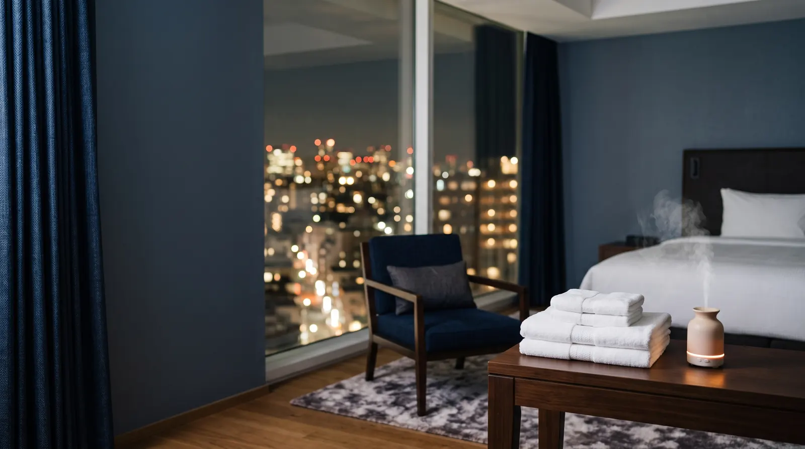夜の街の灯りが見える、整えられたホテルの部屋。たたんだ白いタオルとアロマ